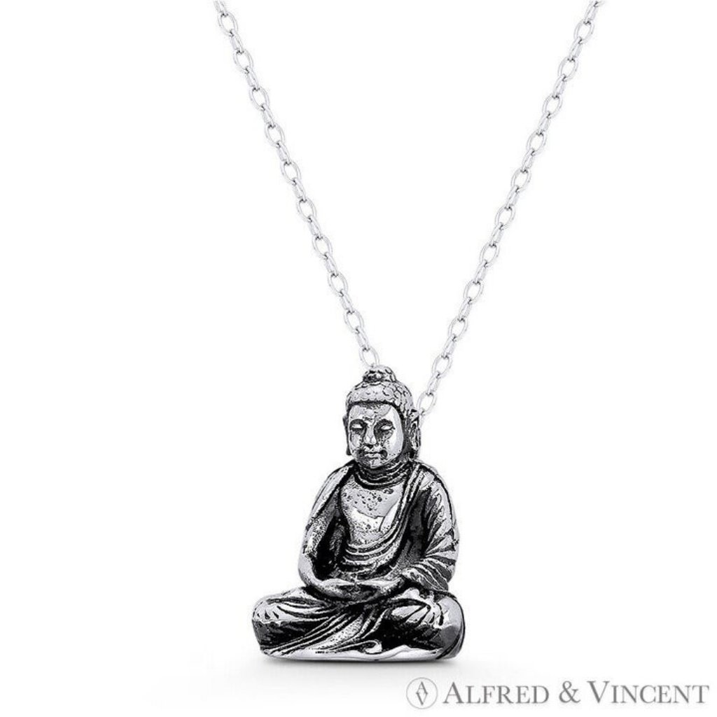Double-Lotus Meditating Shakyamuni Buddha Buddhist Charm In .925 Sterilng Silver